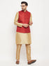 Vastramay Men's Maroon Matka Silk Nehru Jacket With Rose Gold Silk Blend Kurta and Pant style Pyjama Set